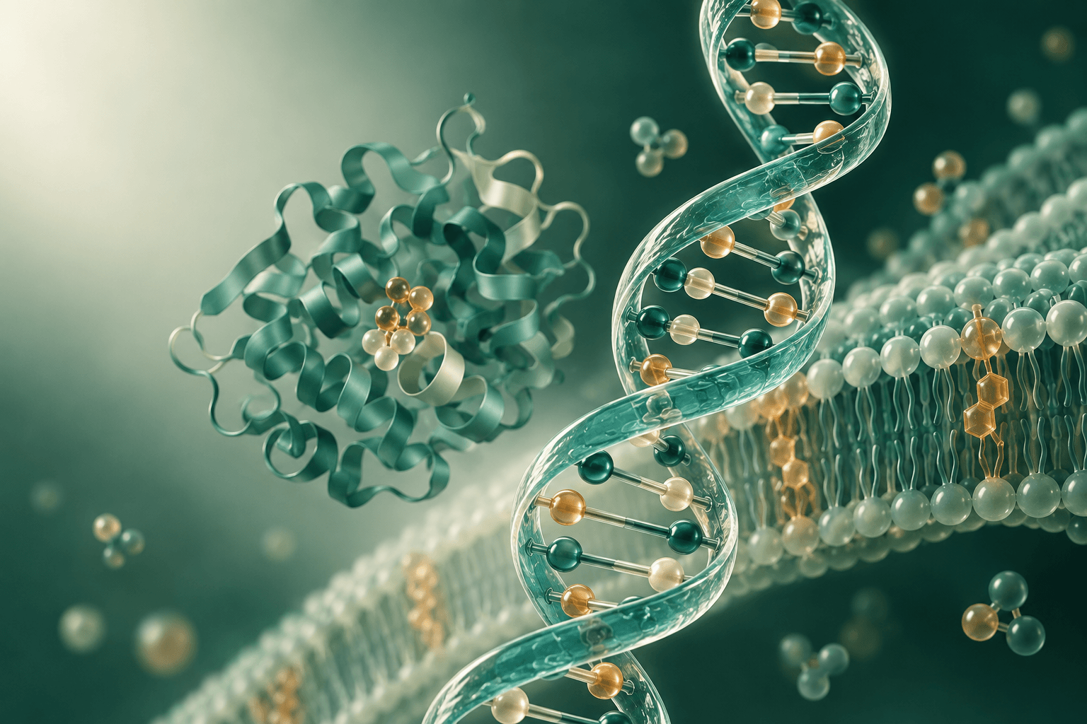 DNA double helix, protein and cell membrane — course cover