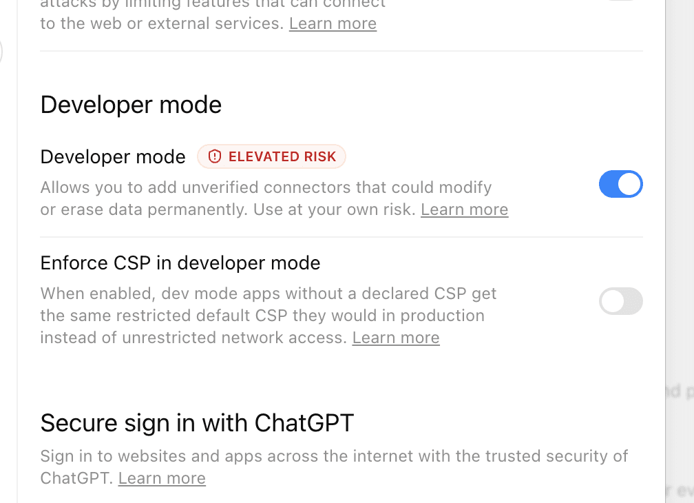 Enabled ChatGPT Developer mode switch