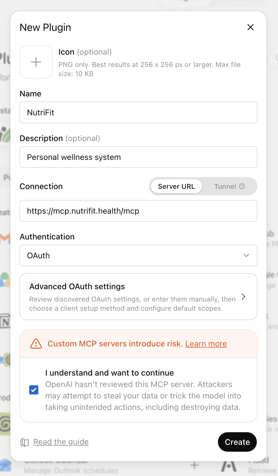 New plugin form with the NutriFit MCP server URL and OAuth