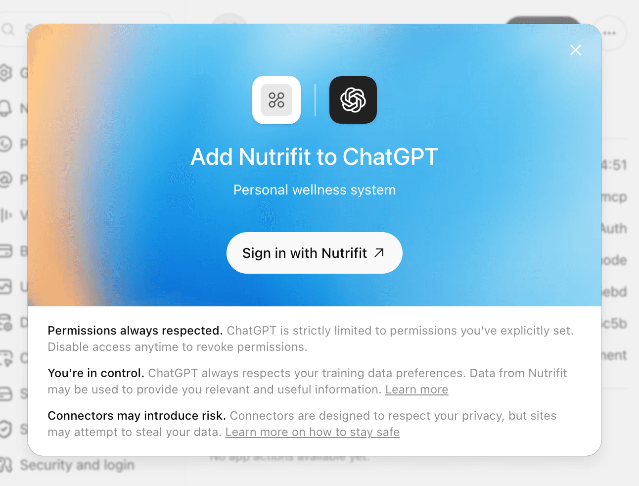 NutriFit connection card in ChatGPT with the sign-in button