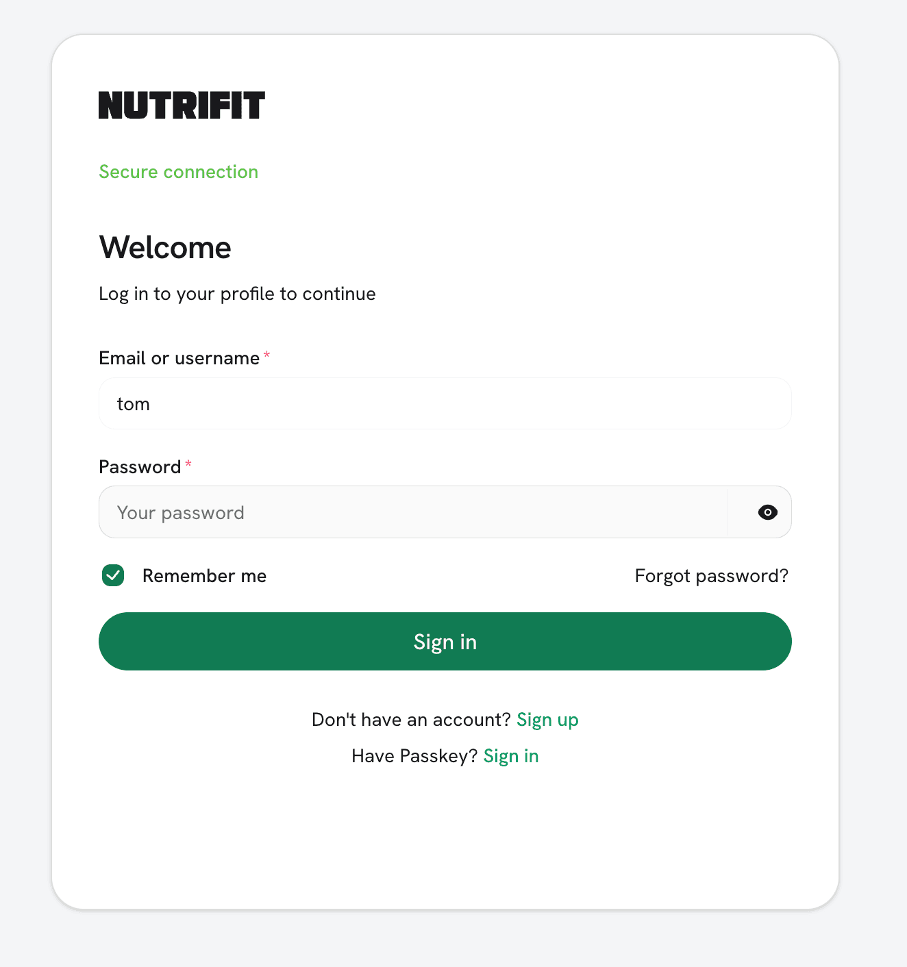 Secure NutriFit profile sign-in form