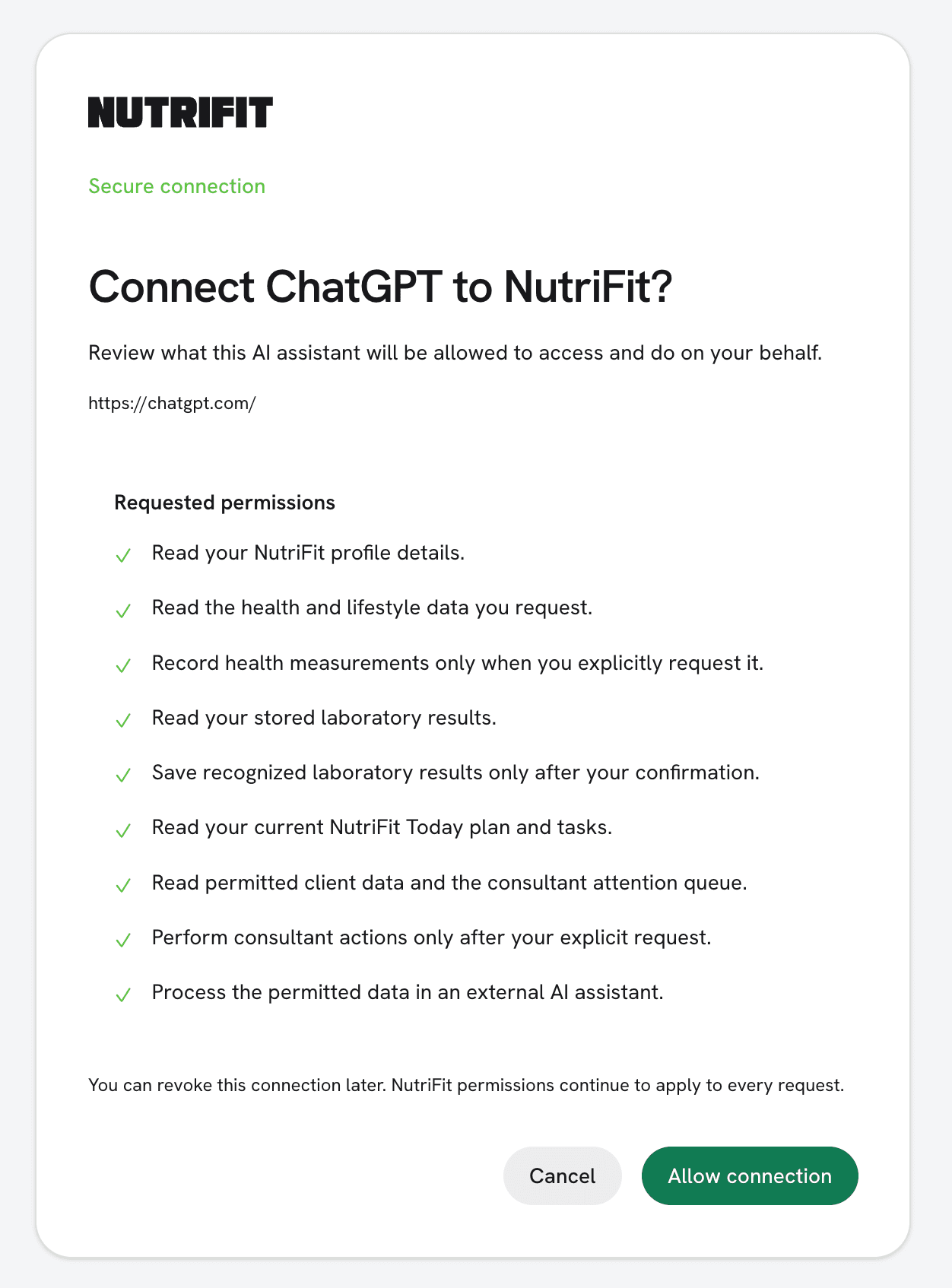 ChatGPT to NutriFit permission consent screen