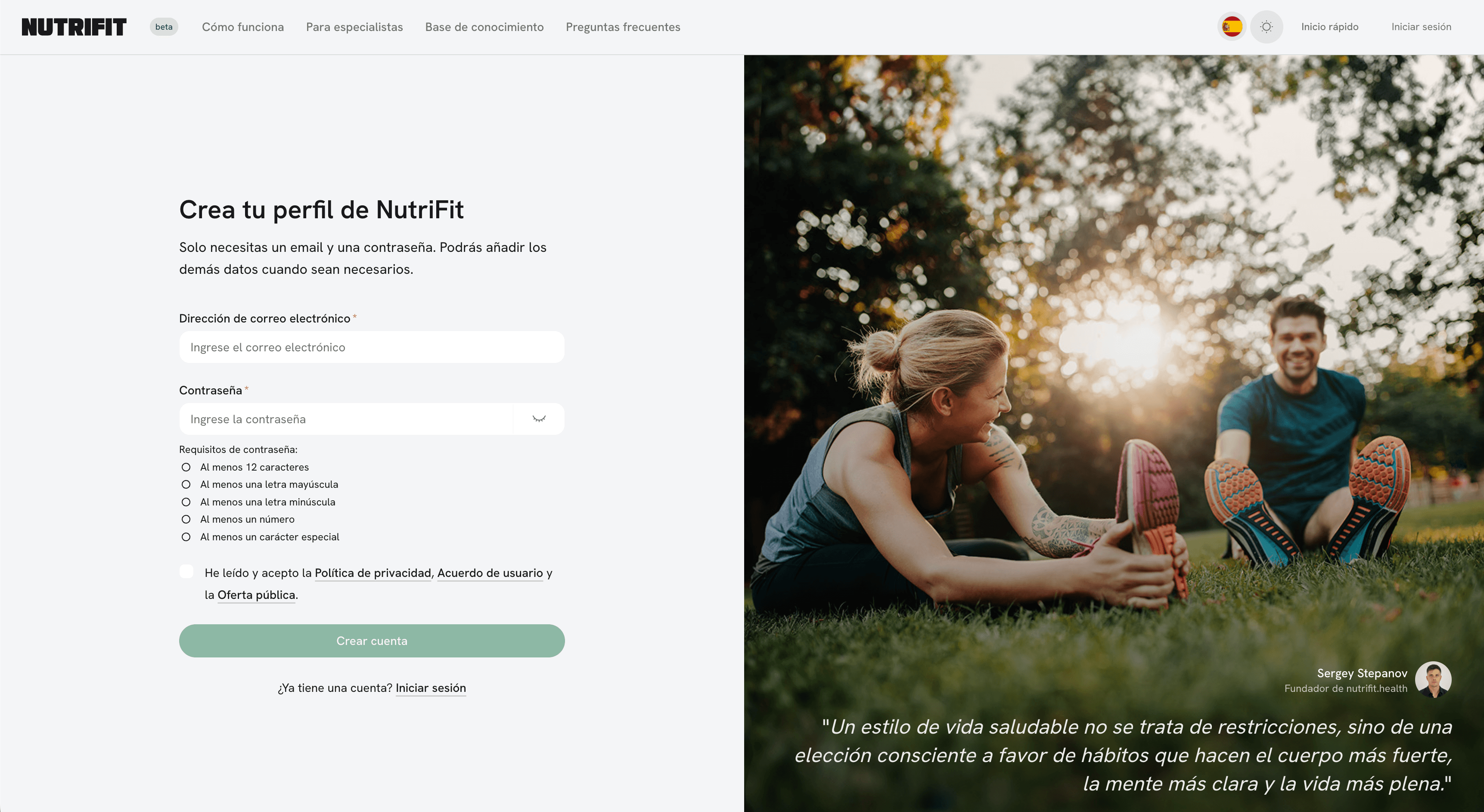 Formulario de registro de NutriFit