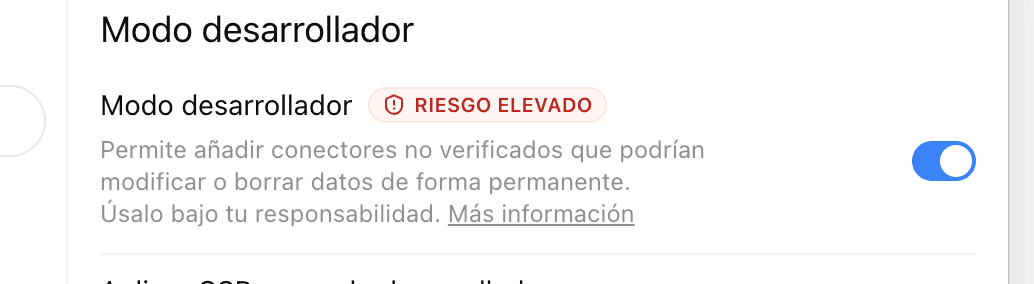 Interruptor del modo de desarrollador activado