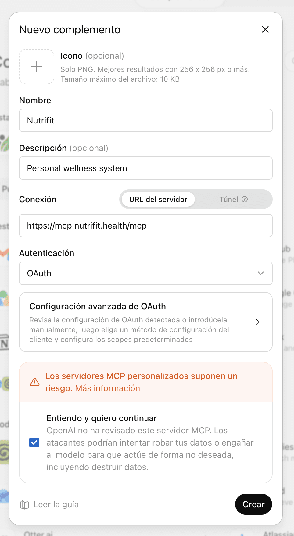 Formulario de nuevo plugin con el servidor MCP de NutriFit y OAuth