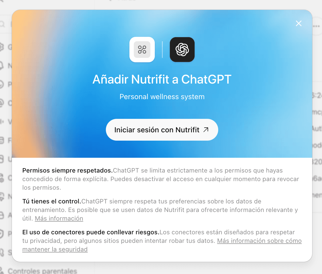 Tarjeta de conexión de NutriFit en ChatGPT