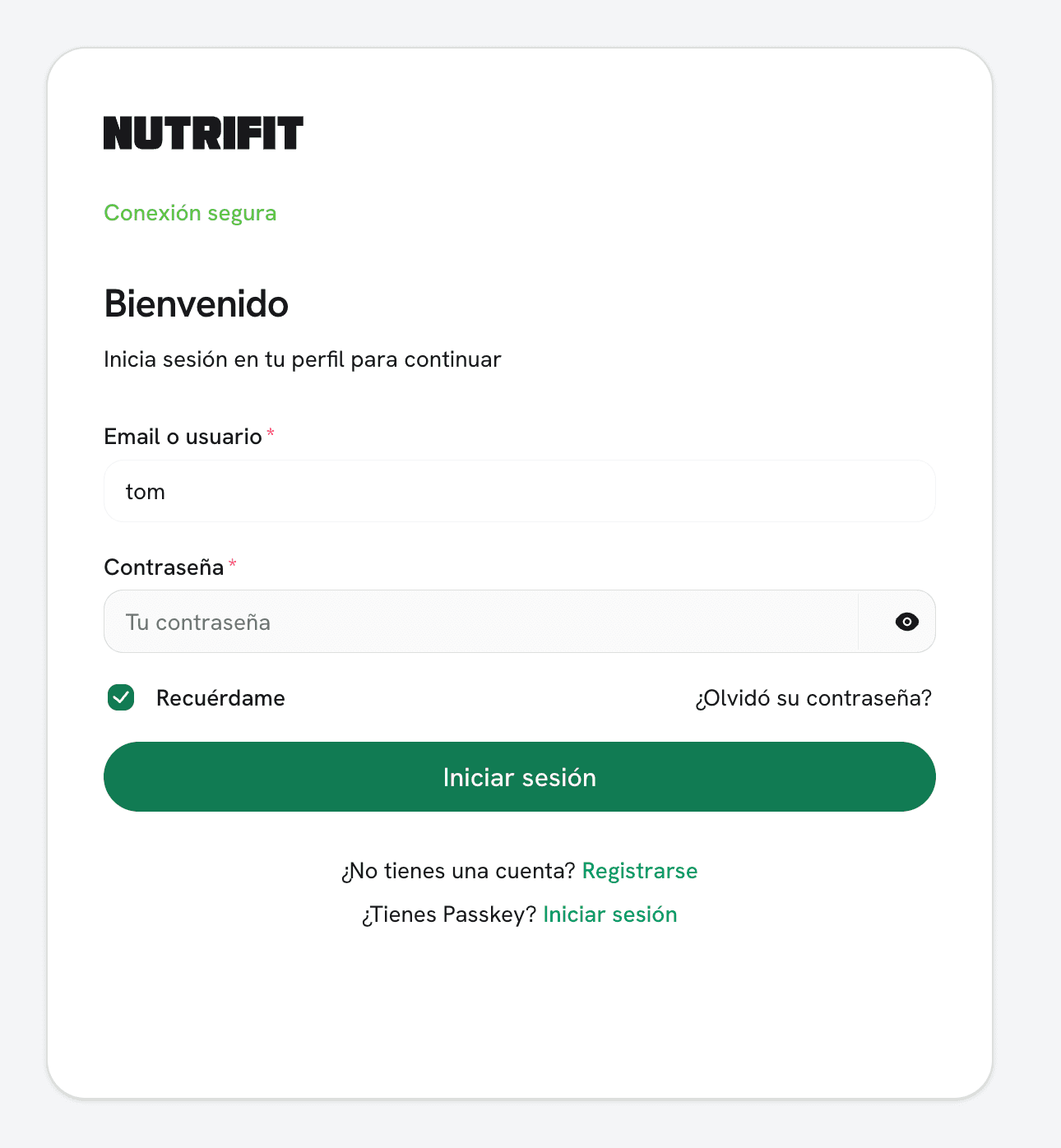 Formulario seguro de acceso a NutriFit