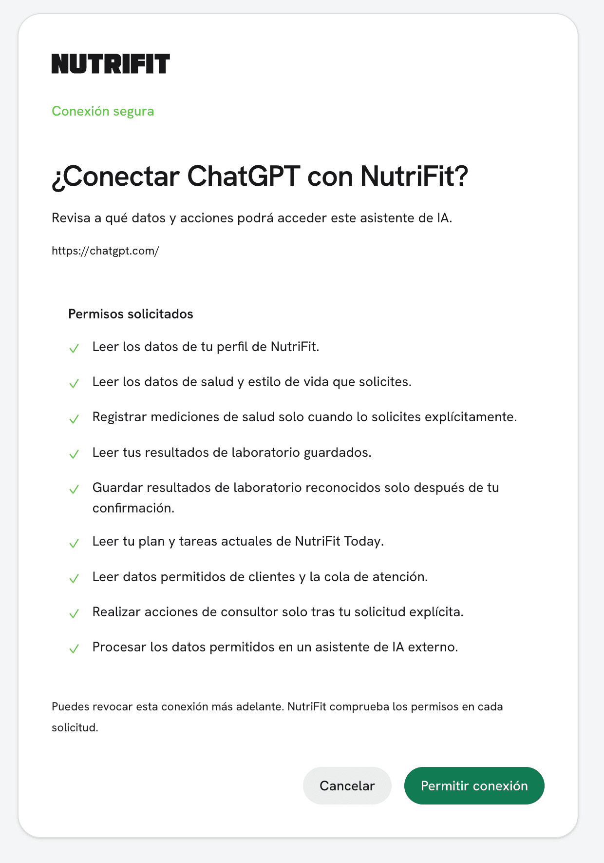 Pantalla de permisos para conectar ChatGPT con NutriFit