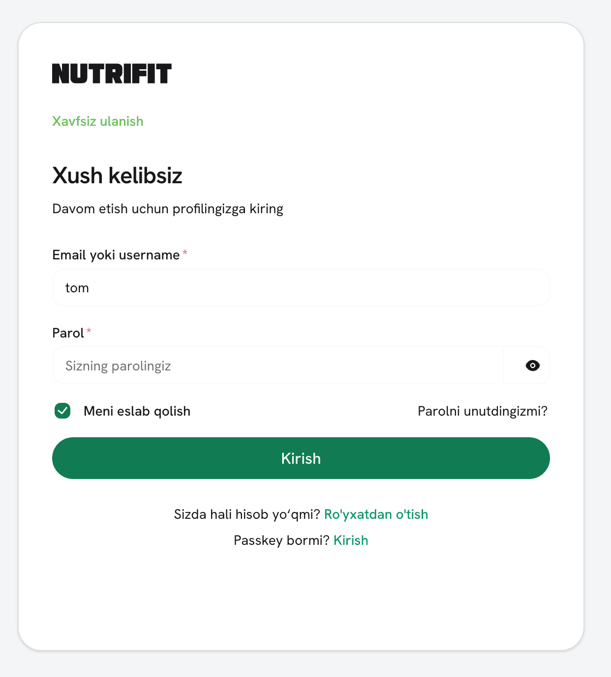 NutriFit’ga xavfsiz kirish formasi