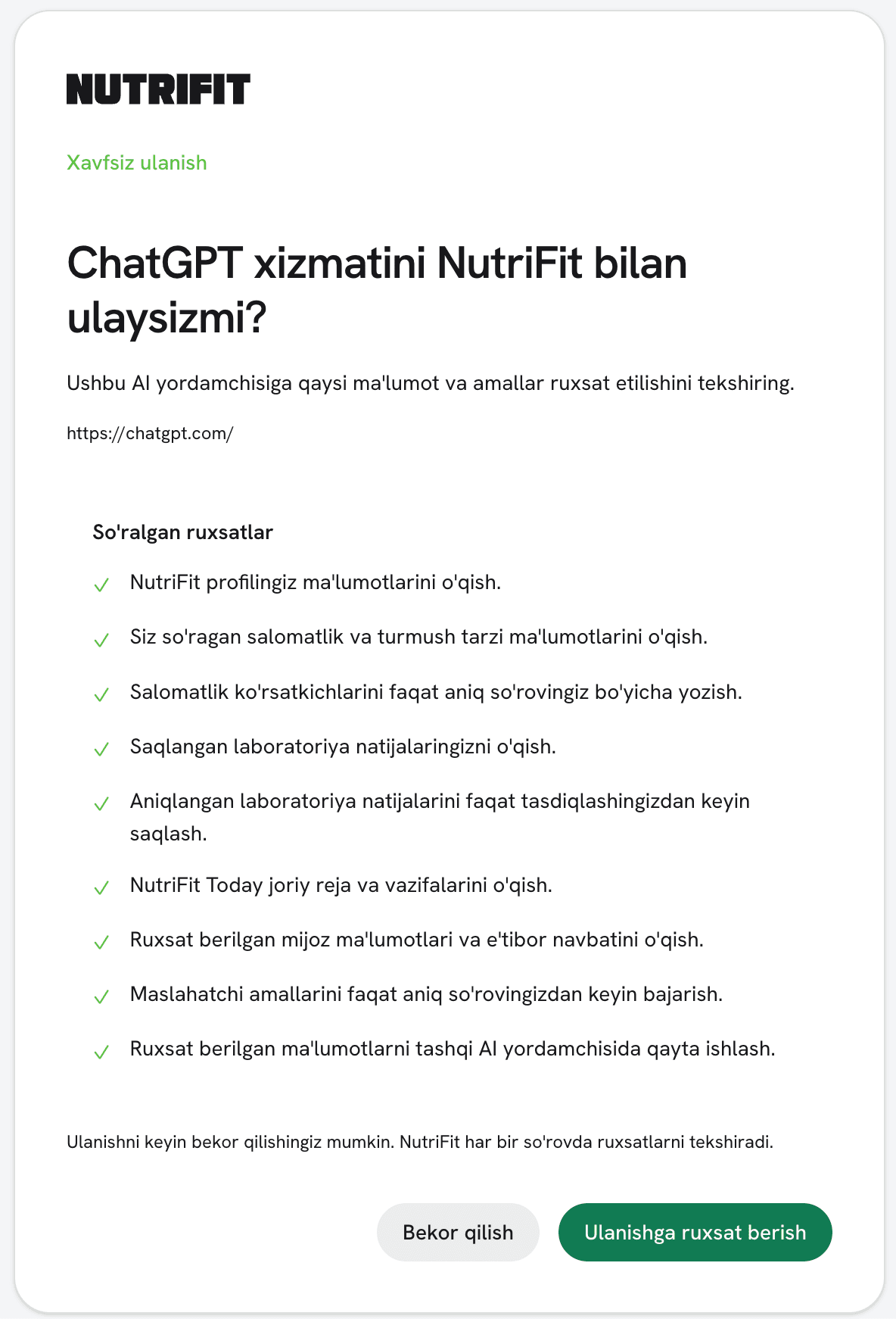 ChatGPT va NutriFit ulanish ruxsatlari ekrani